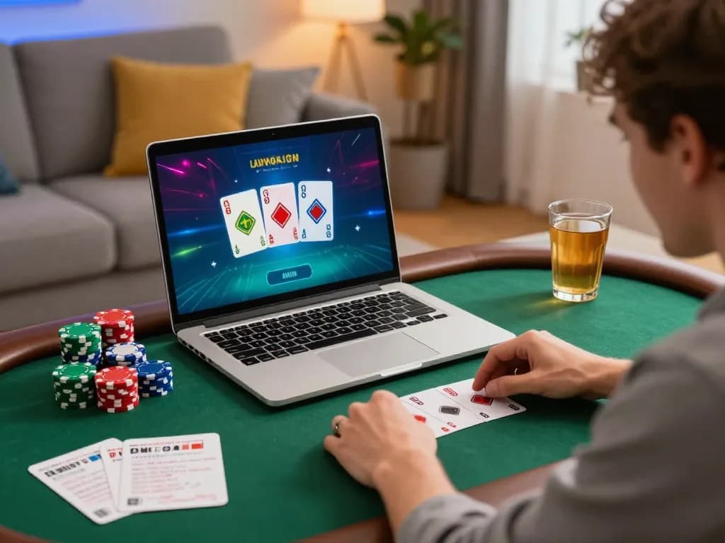 Player enjoying online poker on CM88 platform while analyzing strategy notes in cozy living room.