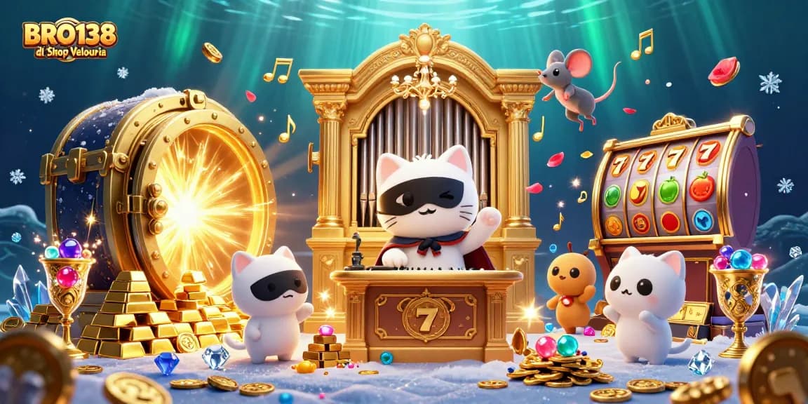 Experience thrilling slots with BRO138 di Shop Velouria as the cat organist plays amidst sparkling treasures.