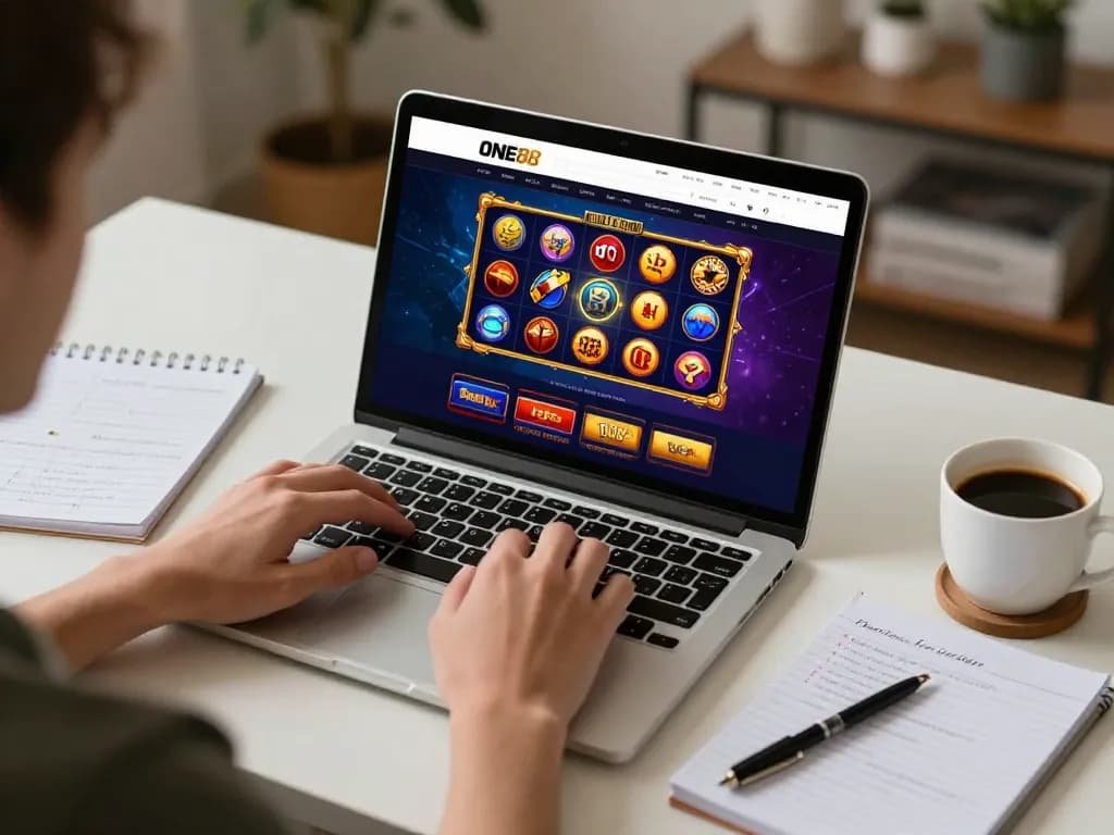 Engaging user playing on ONE88 online casino platform, surrounded by strategy notes.