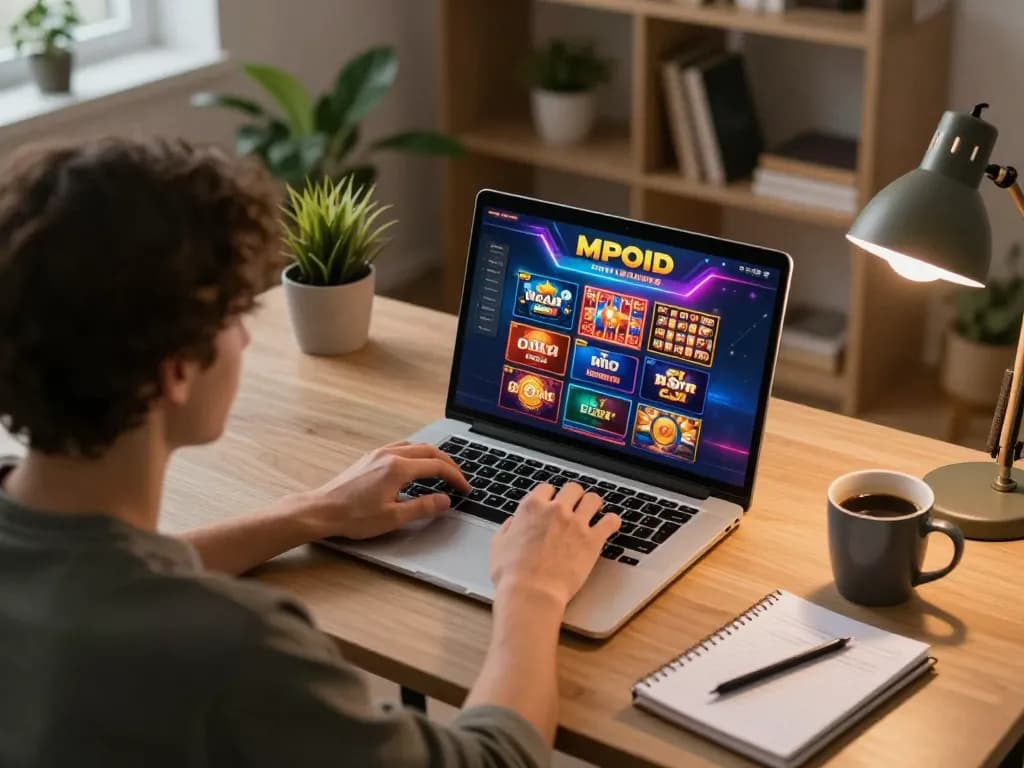 Player engaging with the MPOID online casino platform on a laptop, showcasing an immersive gaming experience.