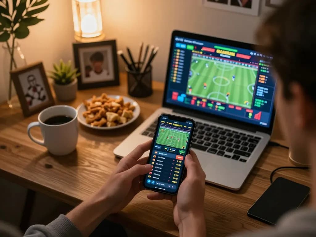 KONG88 user placing live bets on a smartphone during a cozy home gaming atmosphere.