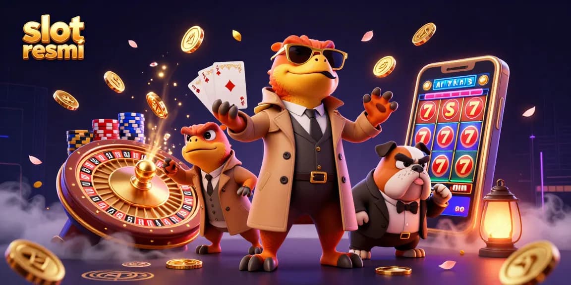 Engage with slot resmi excitement, featuring a playful scene with raptors and casino elements.