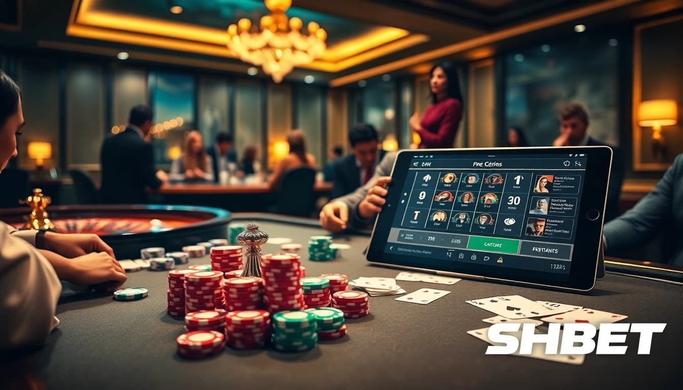 Experience thrilling gameplay at SHBET with vibrant poker chips and an exciting roulette wheel.