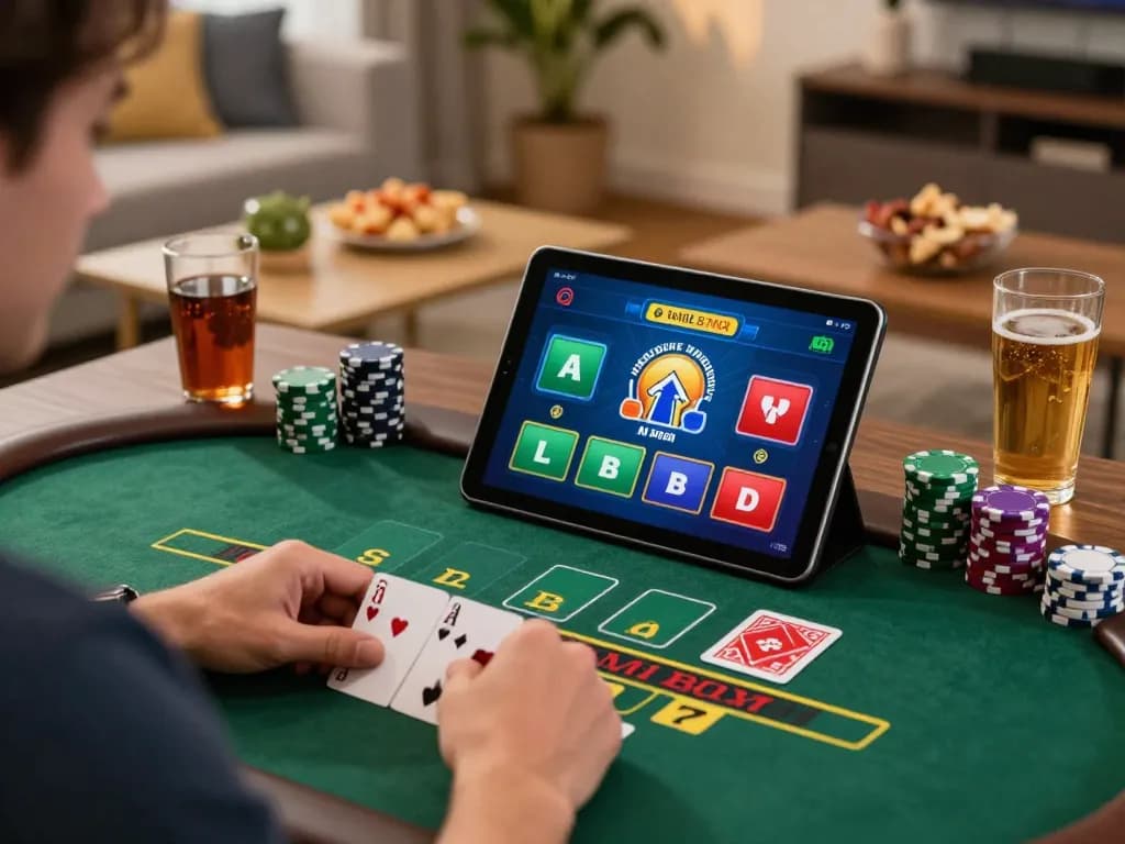 Engaged player analyzes strategy for live dealer blackjack on 789win .com in a cozy home setting