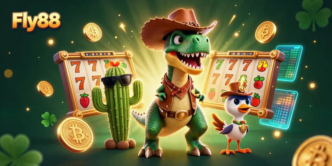 Experience the thrill of Fly88 with a vibrant 3D scene featuring a T-Rex and dynamic slot game elements