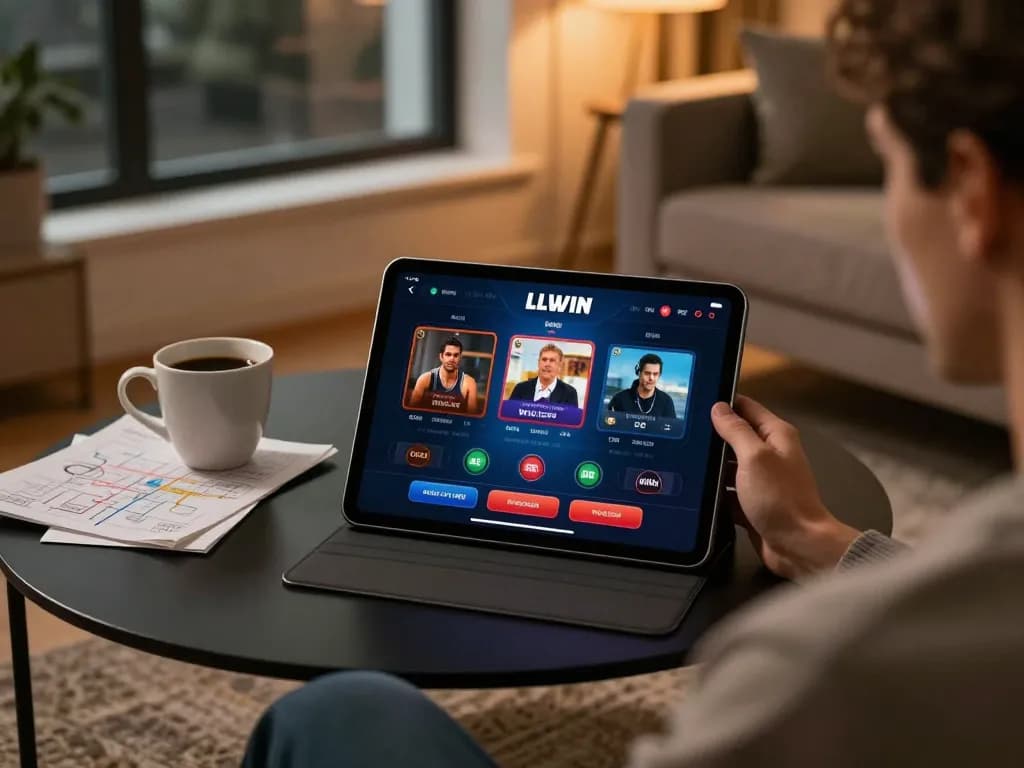 Player engaging with the LLWIN casino app on a tablet in a cozy home setting.