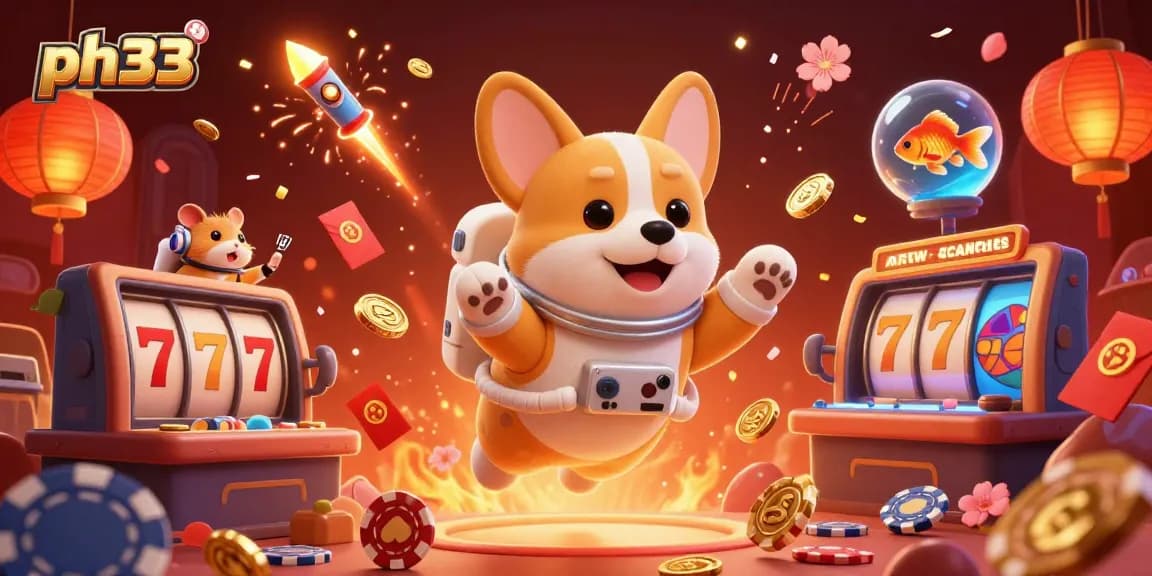 Experience thrilling gameplay at ph33 casino with an astronaut corgi, casino elements, and vibrant festive energy.