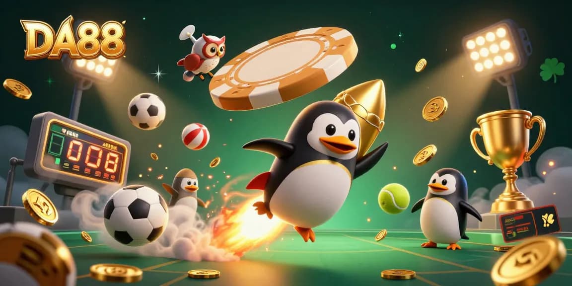 DA88 captures exhilarating sports betting excitement with a golden penguin racing to a casino