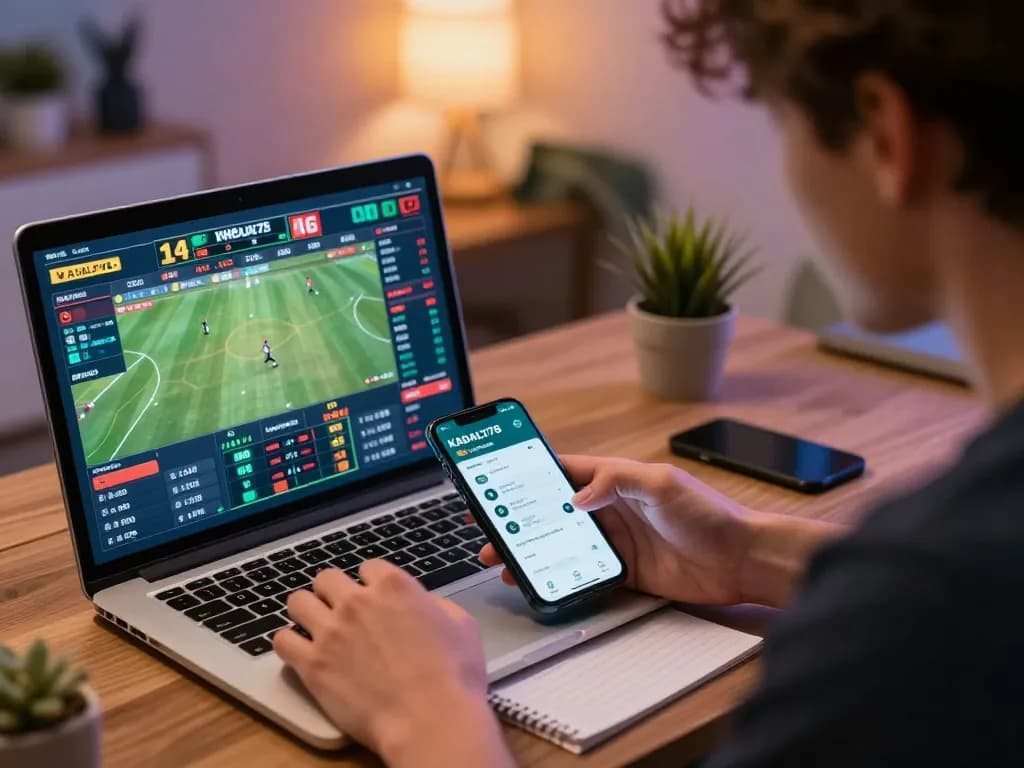 KADAL778 player engaging in real-time sports betting with multiple screens displaying live odds.