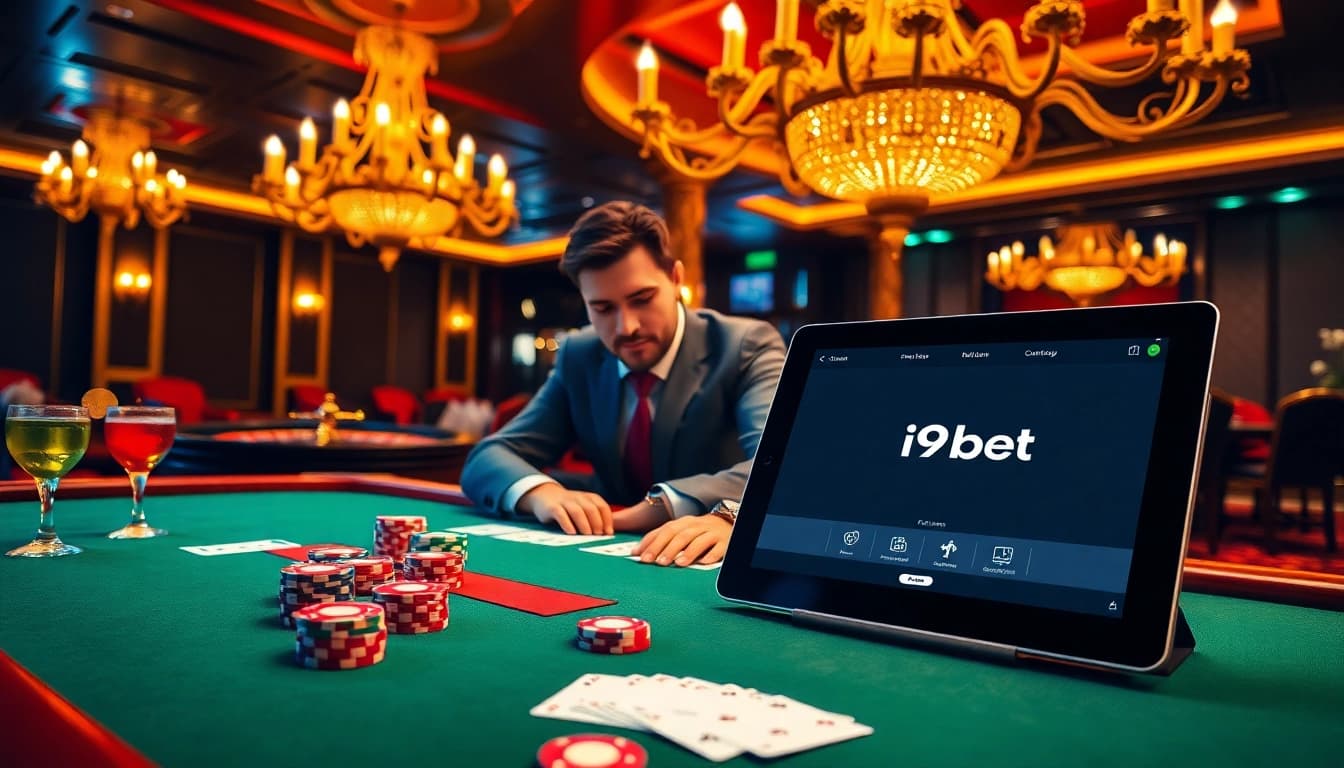 Engage with the excitement of i9bet at this vibrant casino poker table with colorful chips.