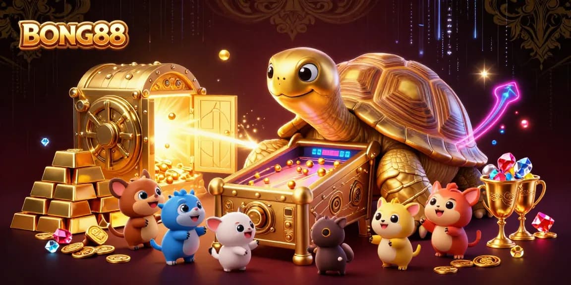 BONG88 gaming scene showcasing a colossal golden tortoise pinball machine with treasures and excited animals.