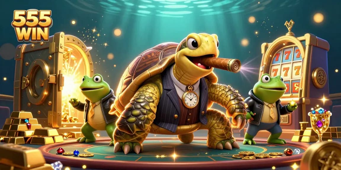 Experience the thrill of 555 WIN with a vibrant 3D casino illustration featuring a snapping turtle, bullfrog enforcers, and riches galore.