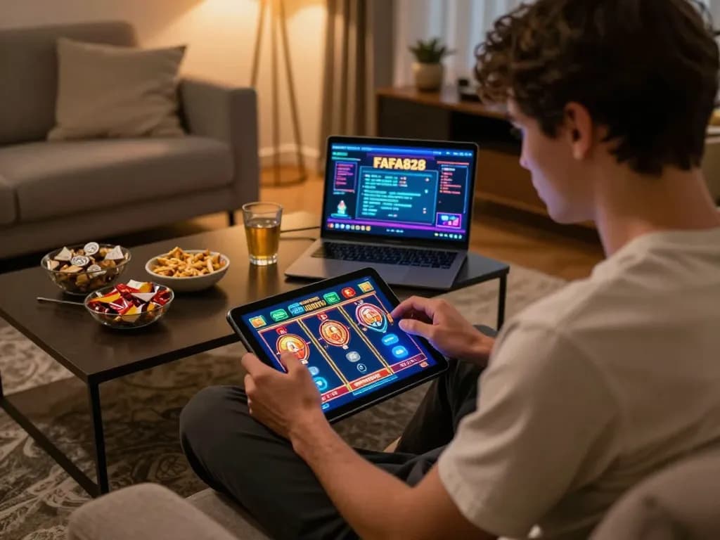 ผู้เล่นสนุกกับการเล่นเกมที่น่าดึงดูดบน FAFA828 ขณะผ่อนคลายอยู่ที่บ้านพร้อมกับขนมและแท็บเล็ต