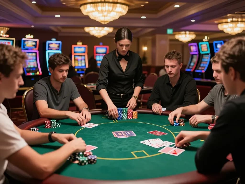 Hitclub poker players engaged in strategic gameplay in an upscale casino setting
