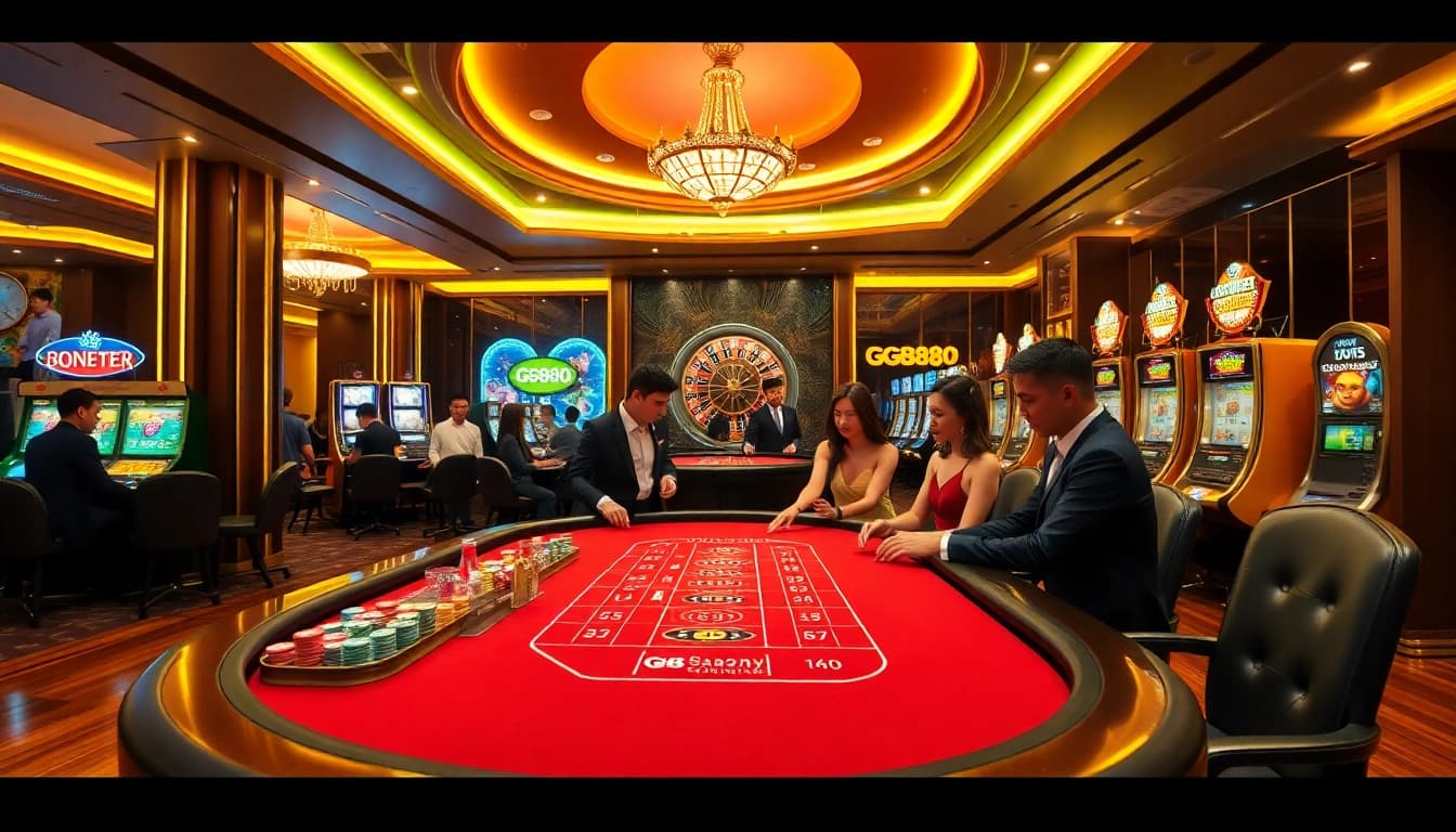 GG88 players enjoy vibrant casino ambiance with poker chips and roulette wheel.