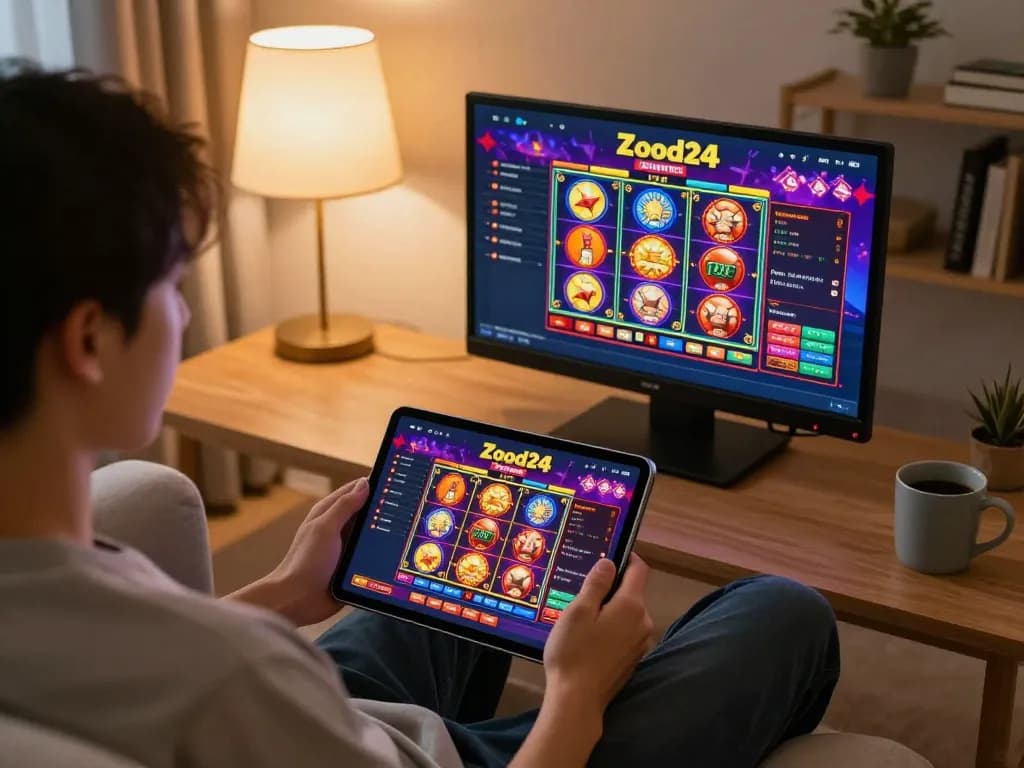 Engaging online gaming session using Zood24 ทางเข้าzood24 with colorful slot games on tablet.