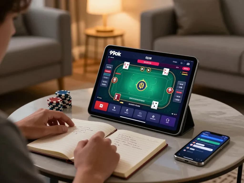 Engaging with 99ok mobile app while strategizing poker gameplay in a cozy setting