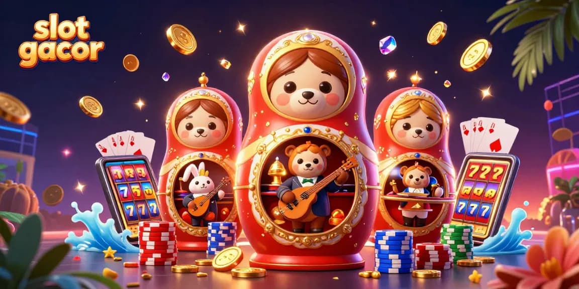 Slot gacor menghadirkan ilustrasi kasino 3D penuh warna dengan tema beruang dan koin emas.