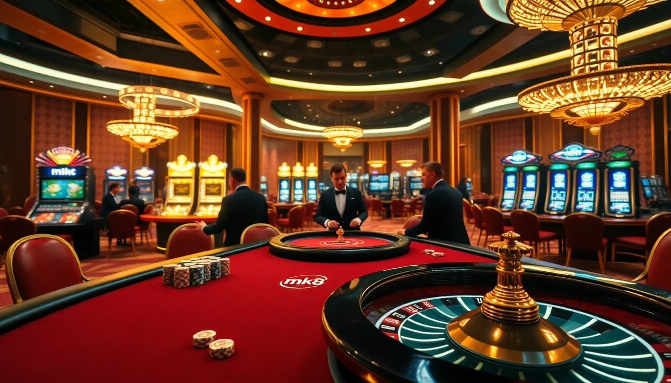 Experience the thrill of MK8 gaming with lively casino tables and vibrant slot machines.