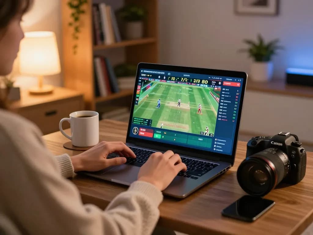 Player actively engaging in BK33 online cricket betting at home, showcasing excitement and strategy