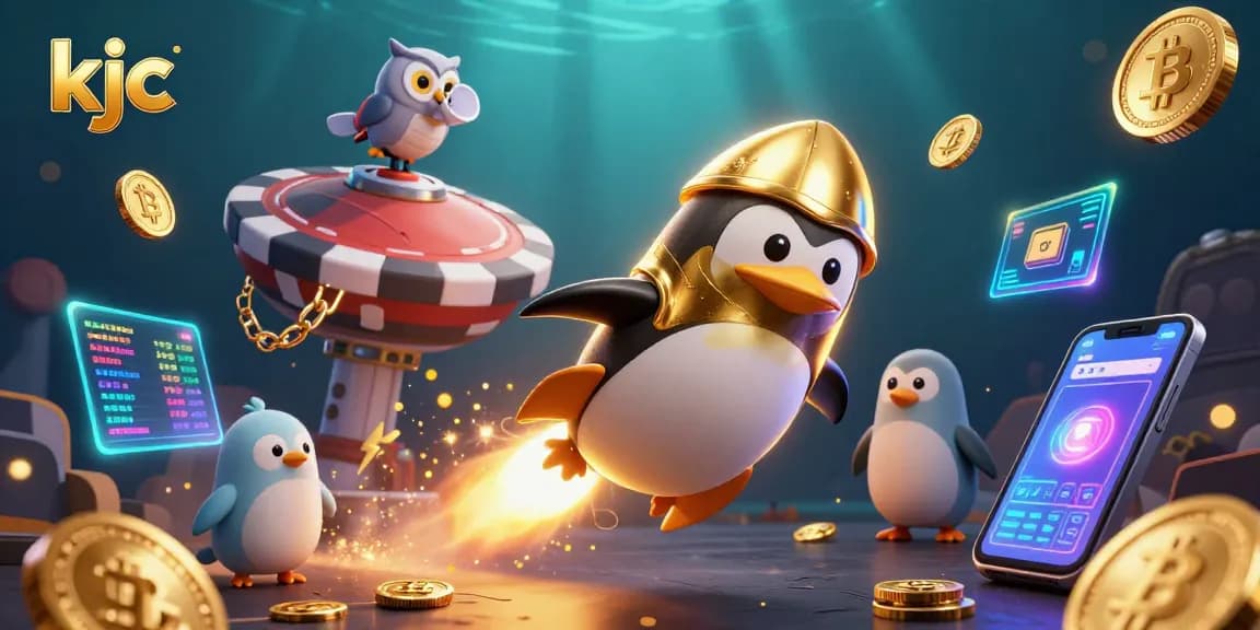 Experience the thrilling adventures at KJC with a golden penguin navigating a vibrant casino universe.