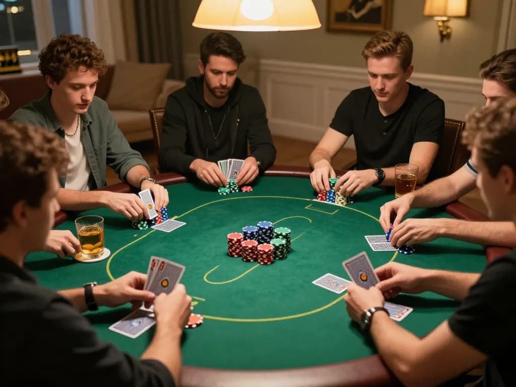 Players engaged in a thrilling poker game at nk88mvp home setting, chips stacked, and cards held high.