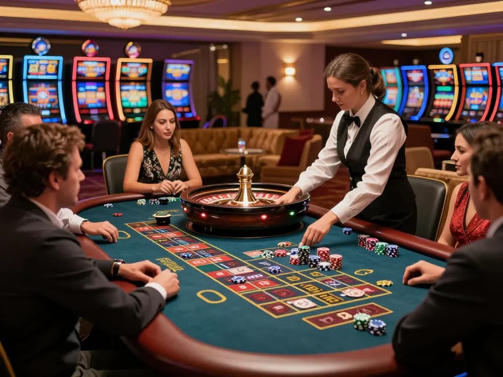 Excited players placing bets at roulette table in luxury casino 5679 experience