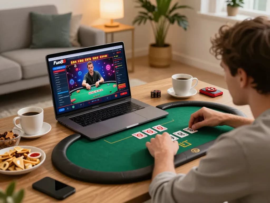 Fun88 player engaged in an exciting online casino poker game at home, showcasing the interface and atmosphere