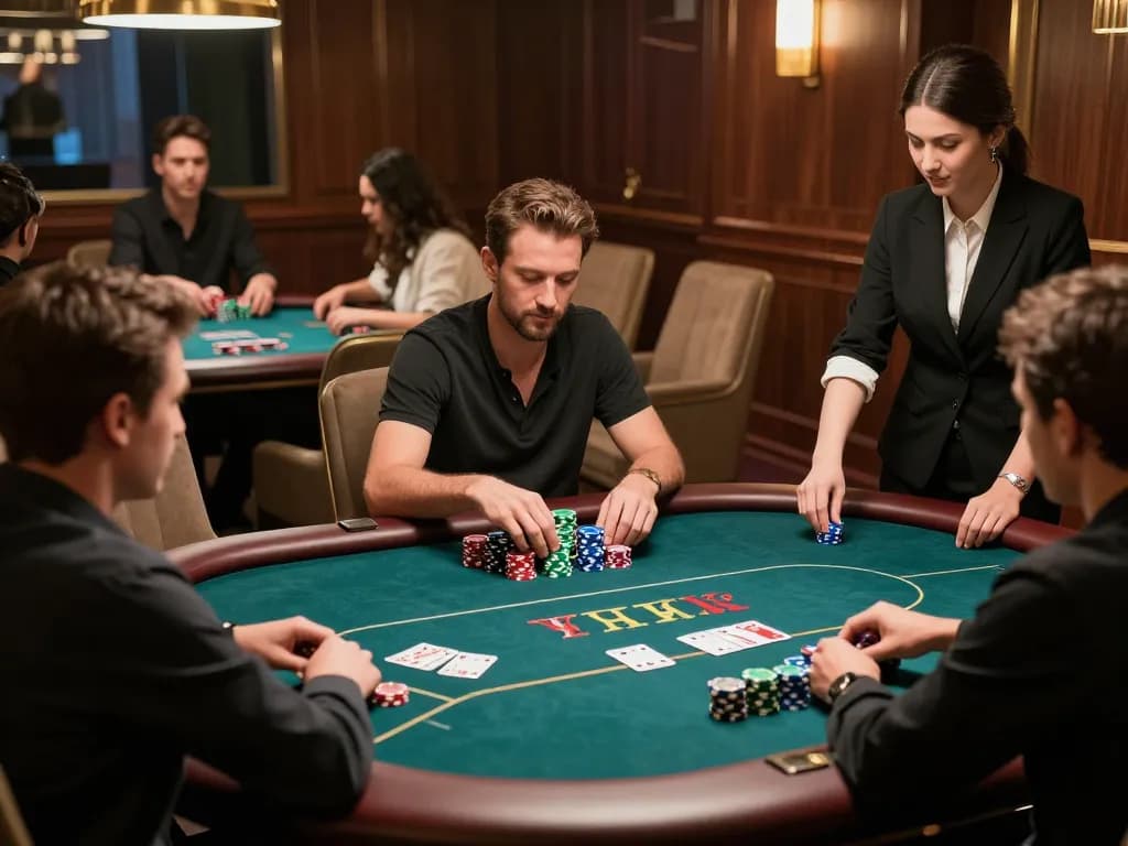 Players strategizing in an immersive poker game at Luck8 casino, showcasing excitement and skill.