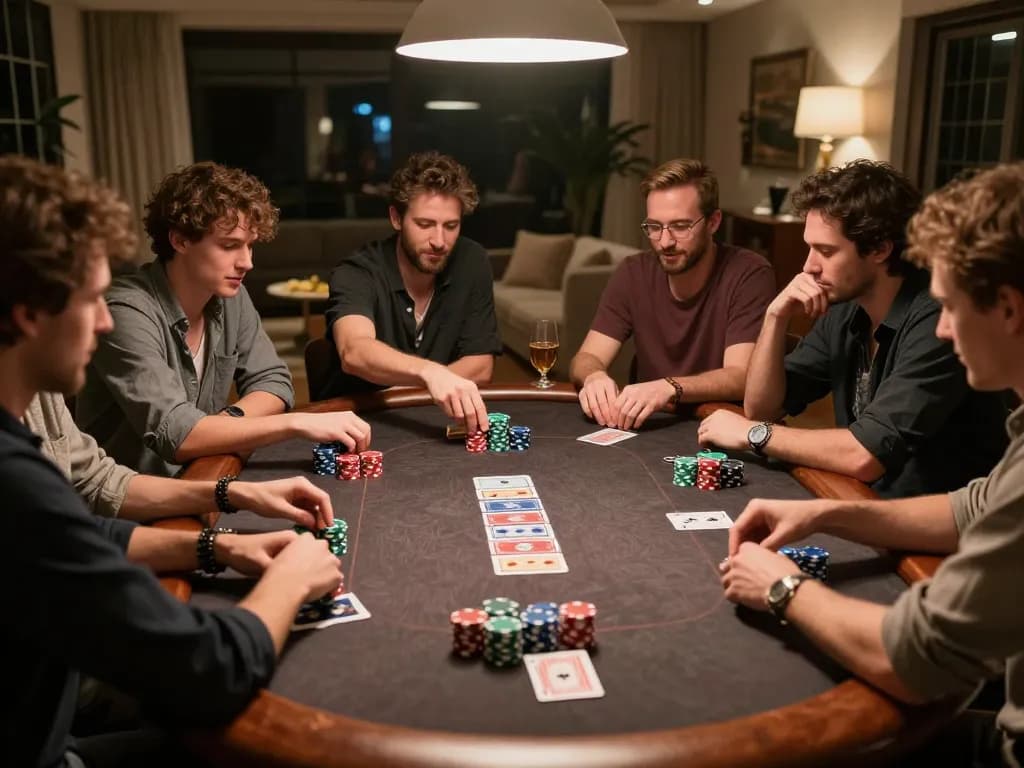 Play poker with friends in an engaging home setting at 888New, showcasing strategy and fun.