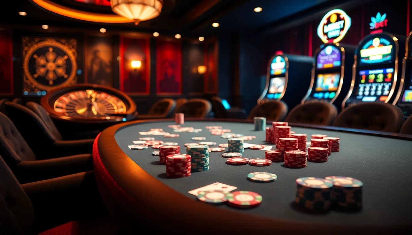 Experience thrilling gameplay at SHBET's vibrant casino table with poker chips and cards.