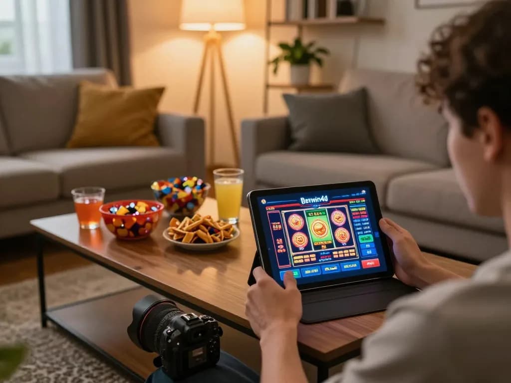 Engaging in the Betwin4d casino app on tablet in a cozy home setting.