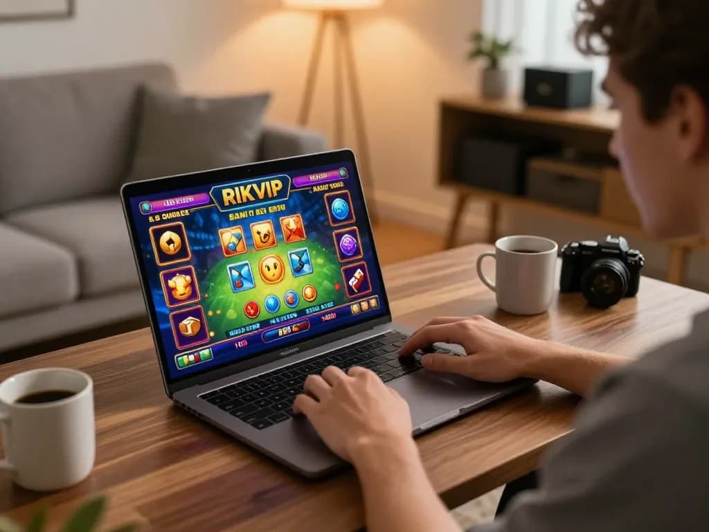 Player navigating RIKVIP online gaming interface at home, enjoying a thrilling casino experience.