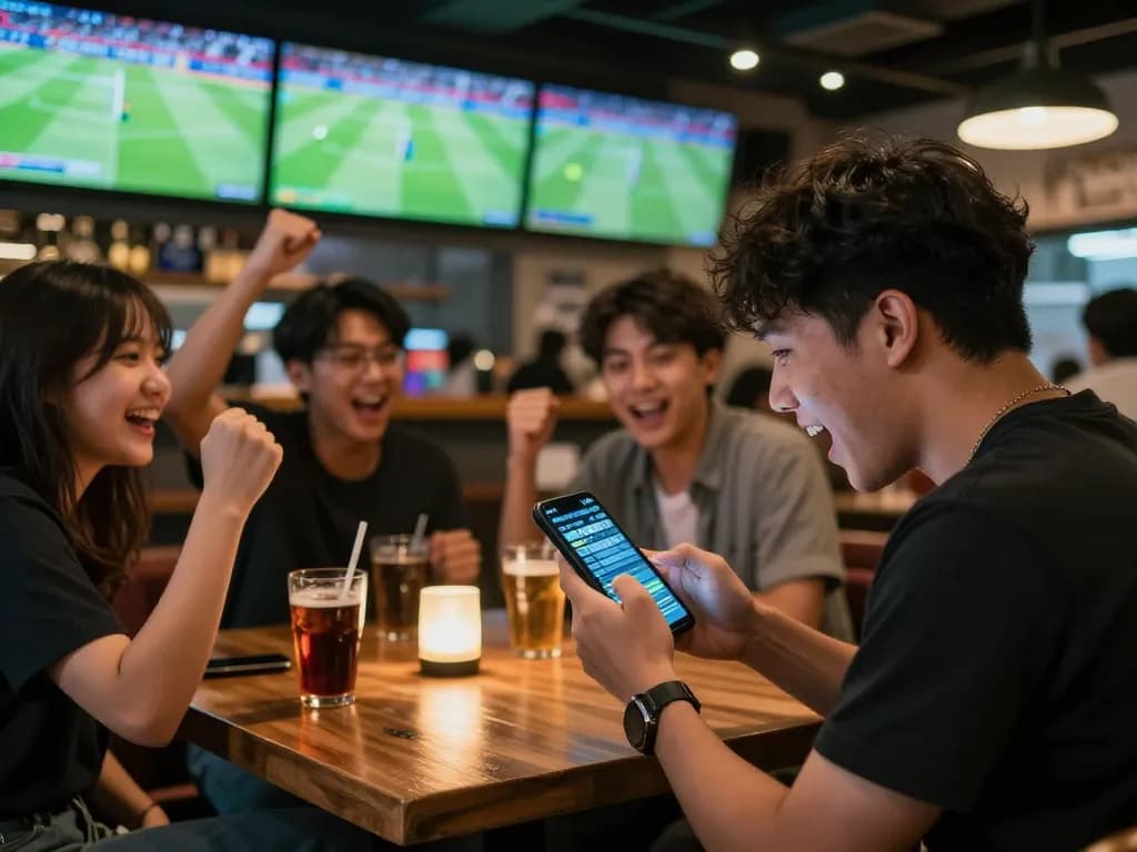Engaged fan watching a football match while checking 7meter Judi Bola betting odds on smartphone