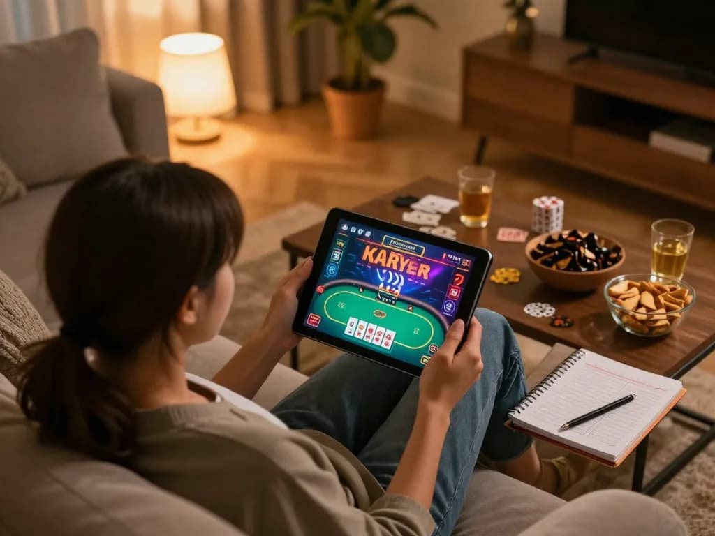 Engaging in Canada online casinos with a tablet in cozy home setting and strategic betting notes.