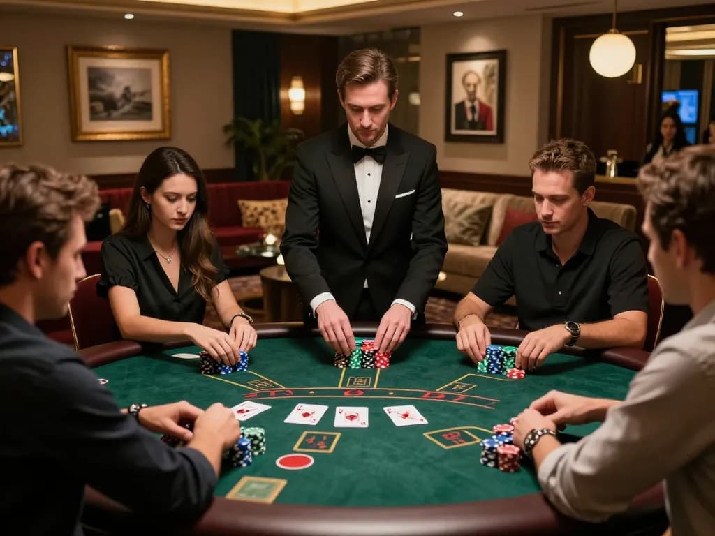 Players engaging in a tense blackjack game at a luxurious NK88 table, showcasing strategy and excitement.
