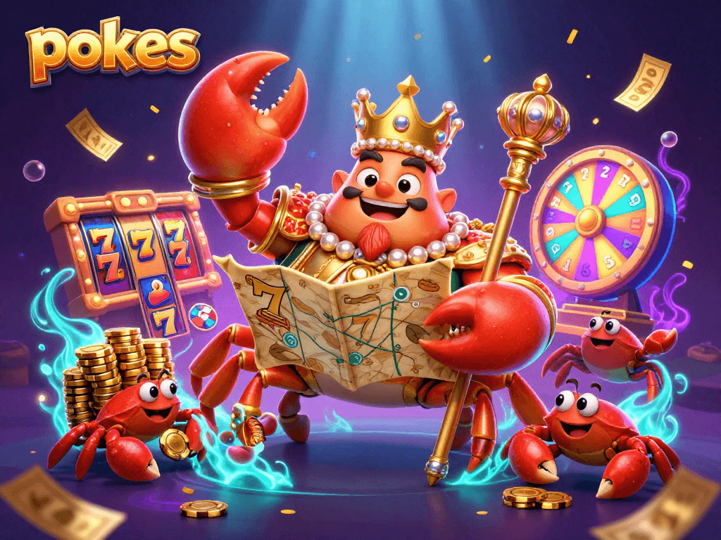 Engage in pokies excitement with a golden crab emperor and vibrant casino elements.