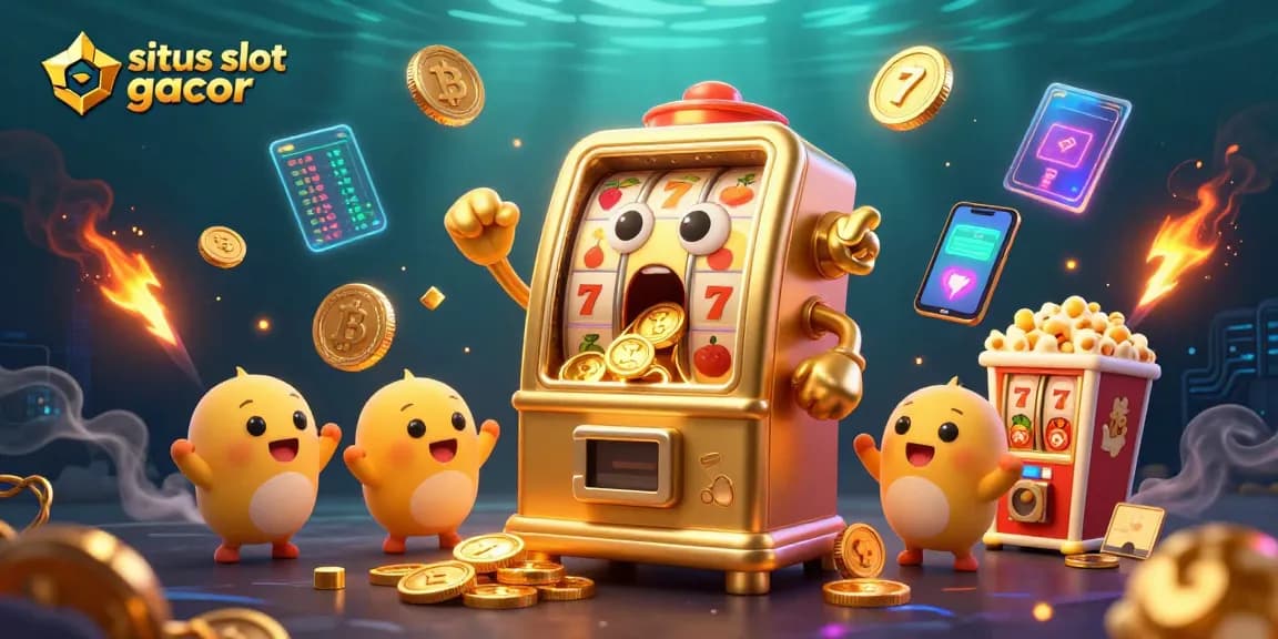 Experience the excitement of situs slot gacor with a golden slot machine hitting the jackpot amidst a burst of coins and crypto elements.