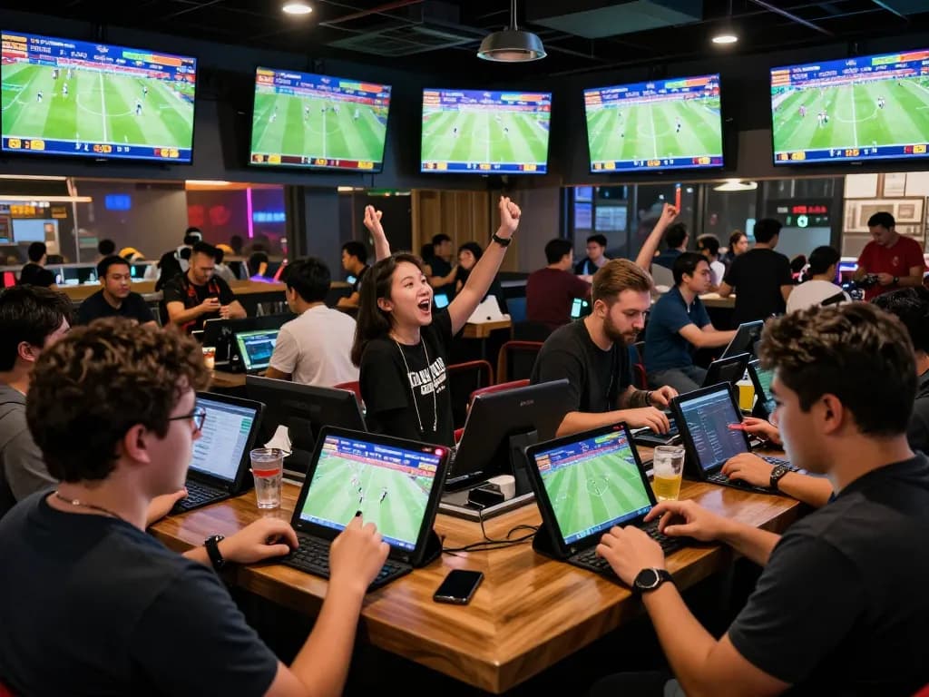 Tỷ Lệ Bóng Đá scene with fans placing sports bets at a lively bar during live matches.
