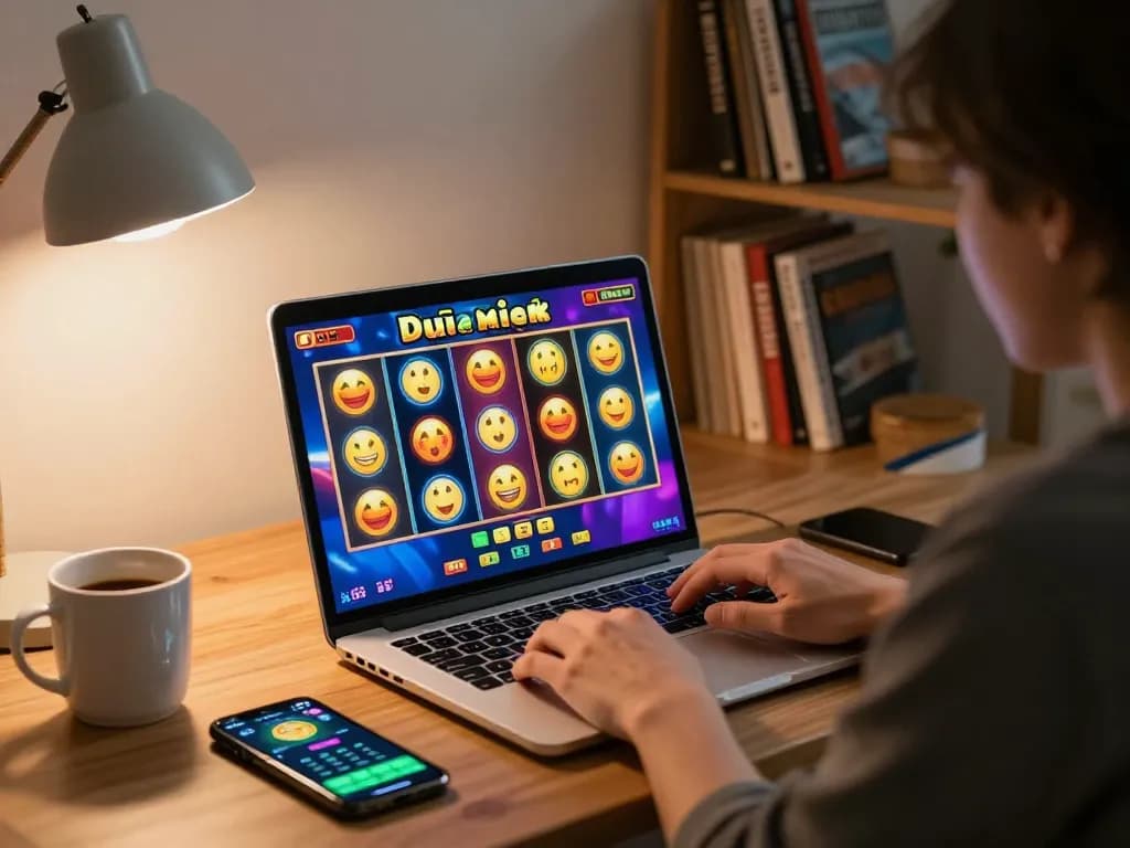 Engaging in slot dewa gaming at home, illuminated by warm lighting and colorful screen