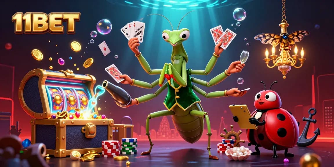 Experience the thrilling world of 11BET with a vibrant 3D casino scene featuring games and rewards.
