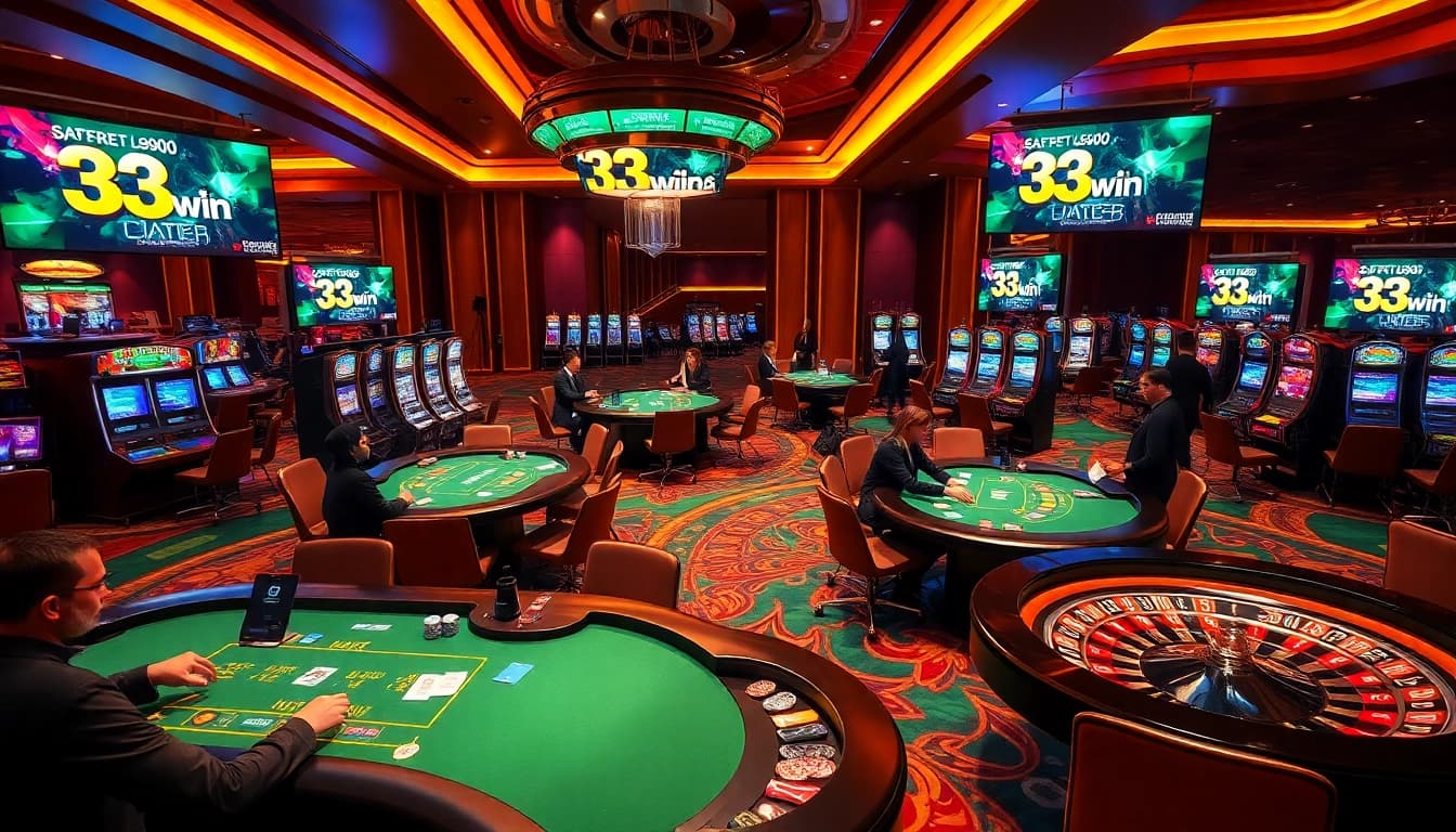 Pemain menikmati aksi poker yang intens di meja kasino 33win68 dalam suasana yang berwarna-warni dan mewah.