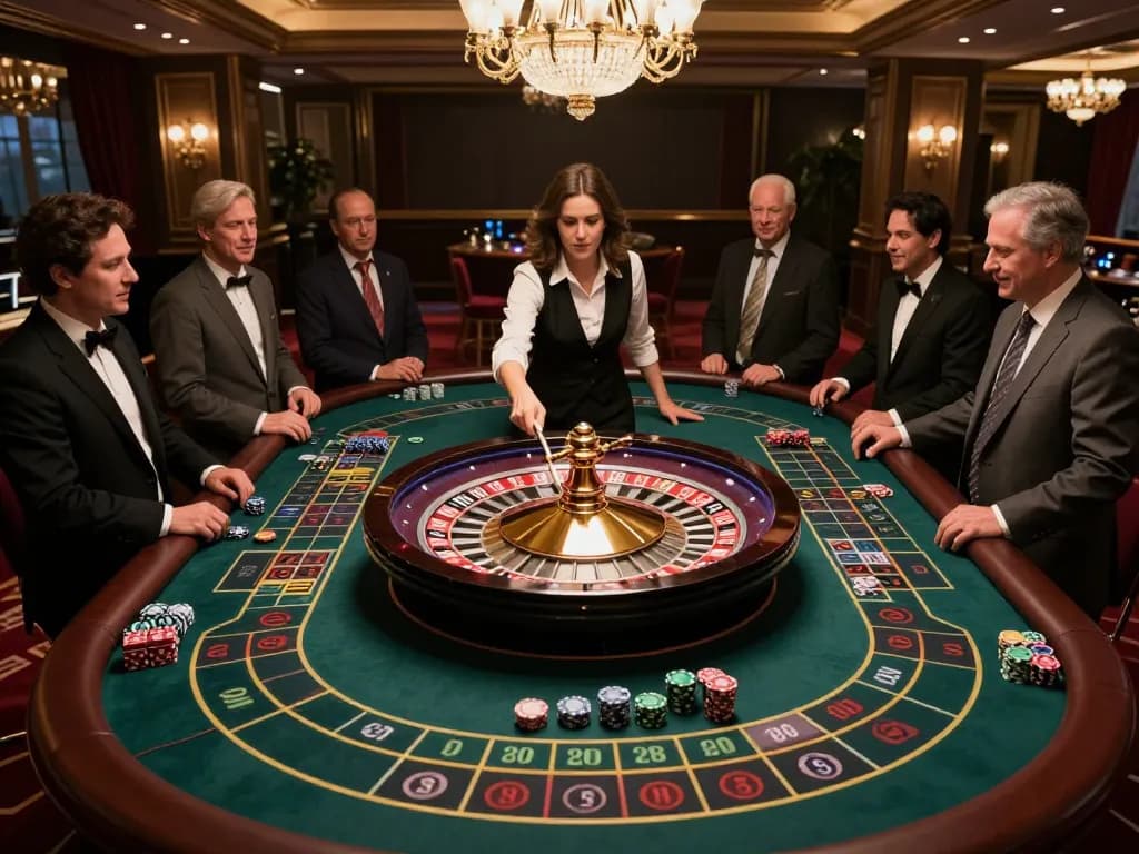 Experience VK88 excitement at a roulette table with players and croupier in action.