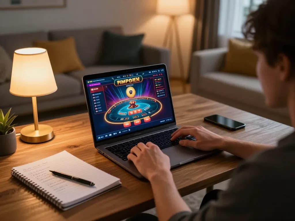 BET88 online casino gaming experience at home, player engaged with laptop and strategy notes.