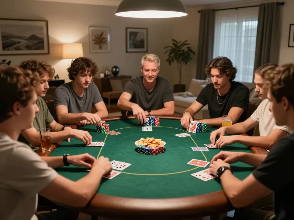 Friends enjoying a lively poker game at home, emphasizing the excitement of Hello88.