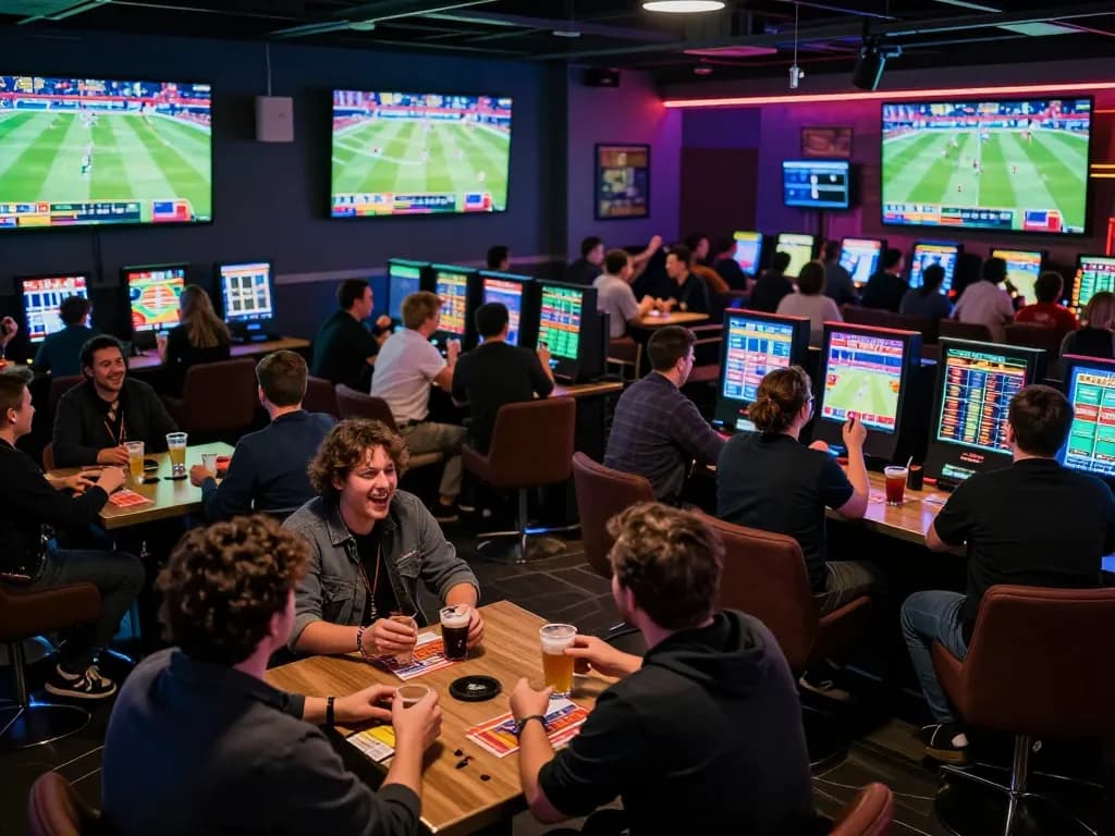 Fans enjoying sunwin sports betting experience in a lively lounge with live game screens