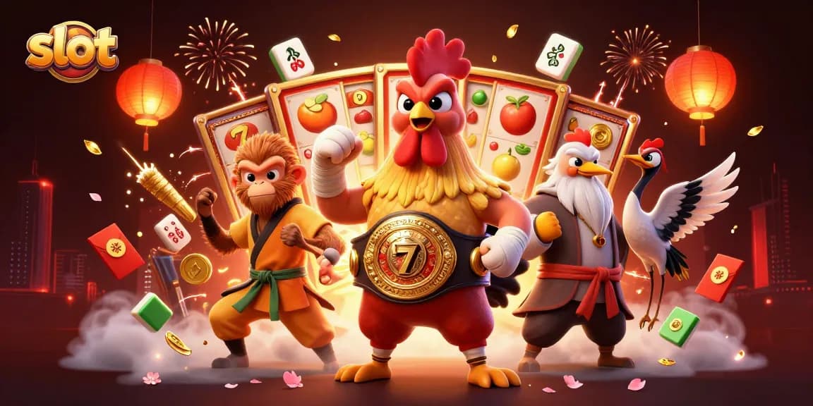 Slot gacor seru dengan ayam Muay Thai, monyet, dan crane dalam suasana kasino.