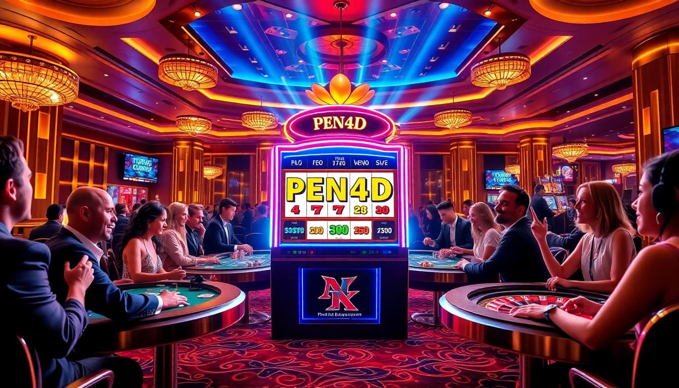 PEN4D gaming excitement with players celebrating wins at a vibrant slot machine.
