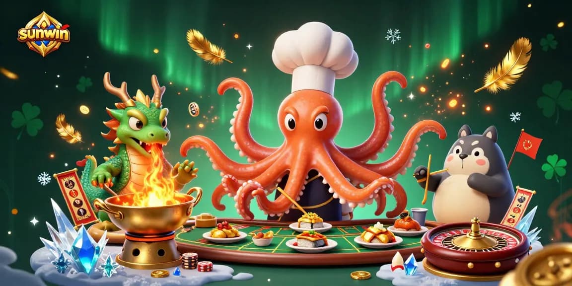 Experience thrilling wins at sunwin with a vibrant casino scene featuring an octopus chef and a dragon!