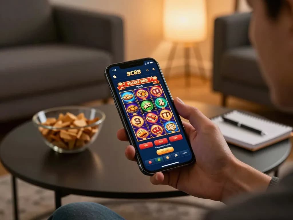 Engaging with the SC88 casino app for mobile slots gaming in a cozy home setting.